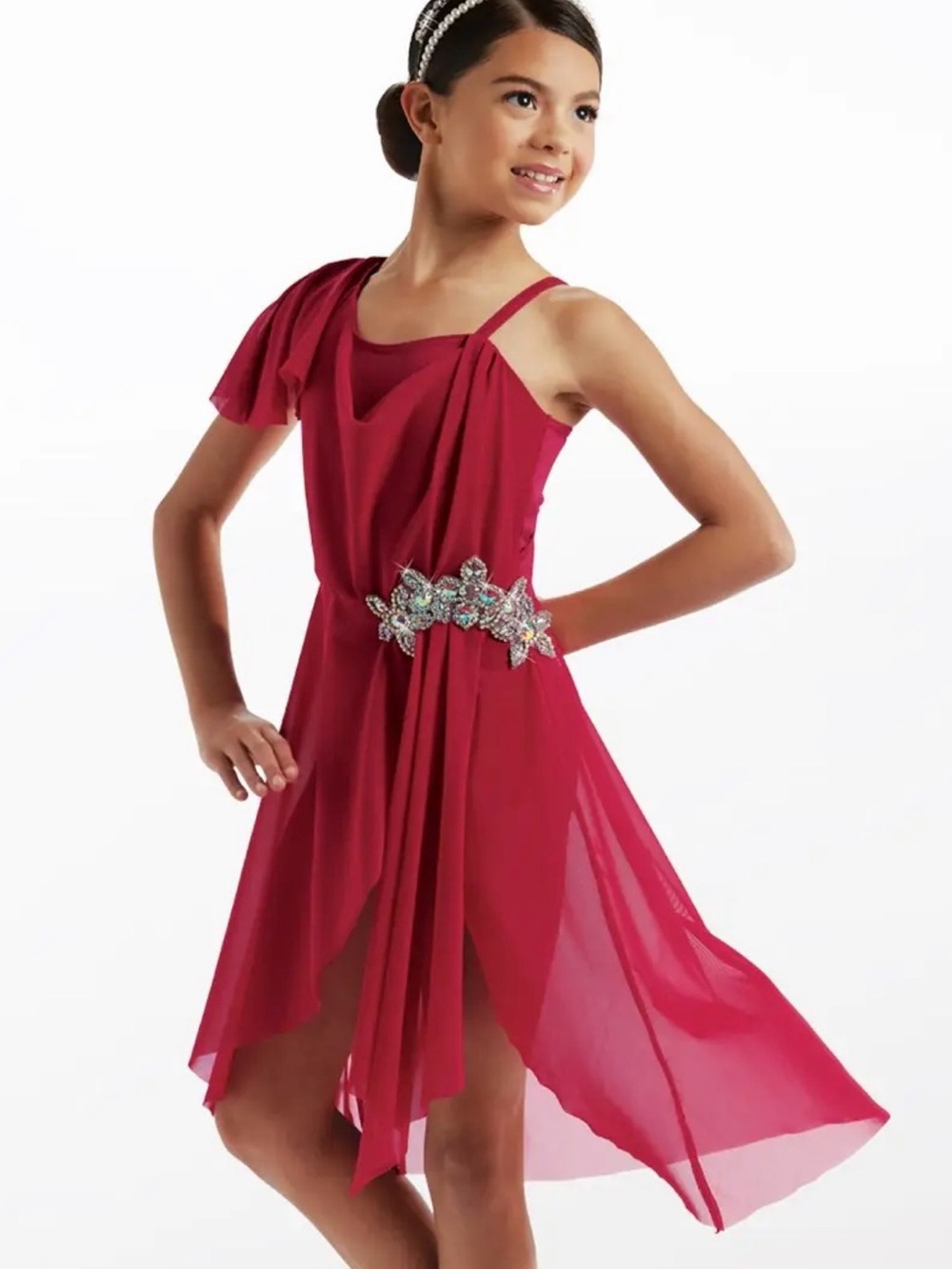 Girls' Red Chiffon Party Dress with Jeweled Waist